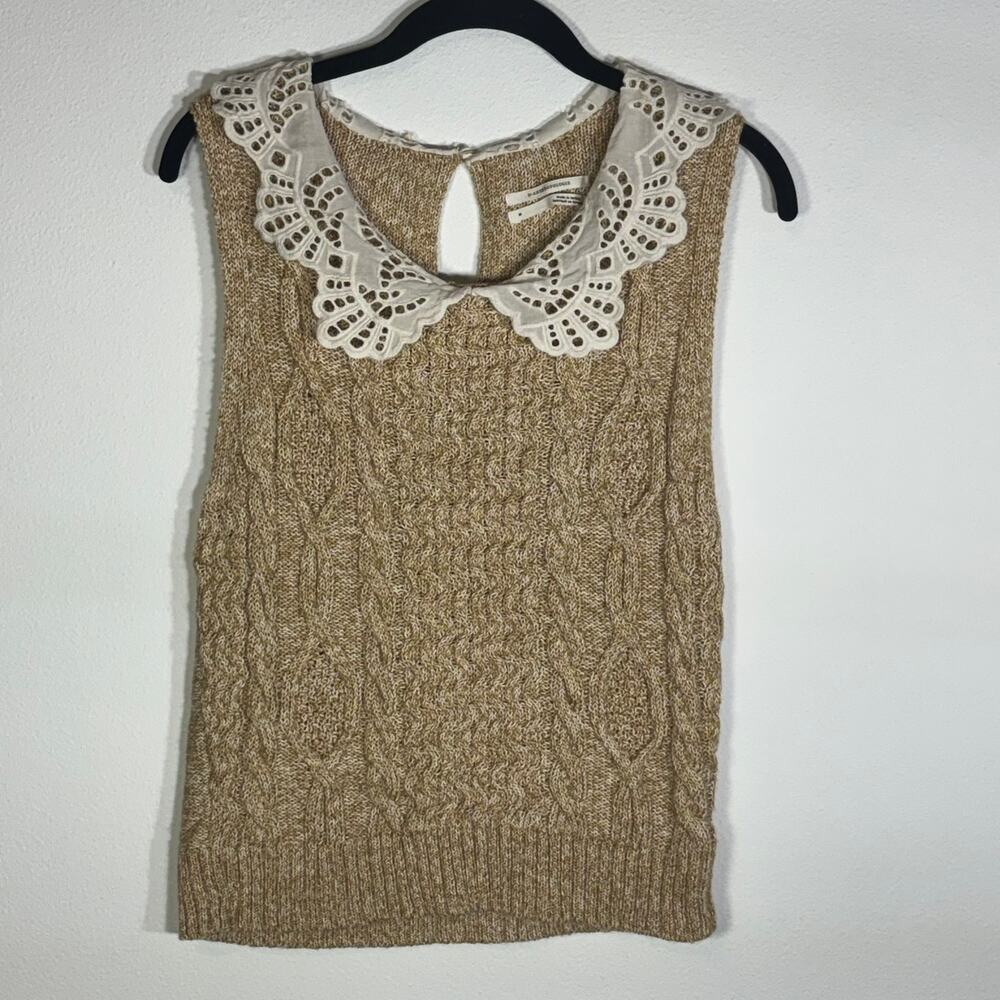 Anthropologie M Cable Knit Sweater Tank Eyelet Peter Pan Collar Beige Cream